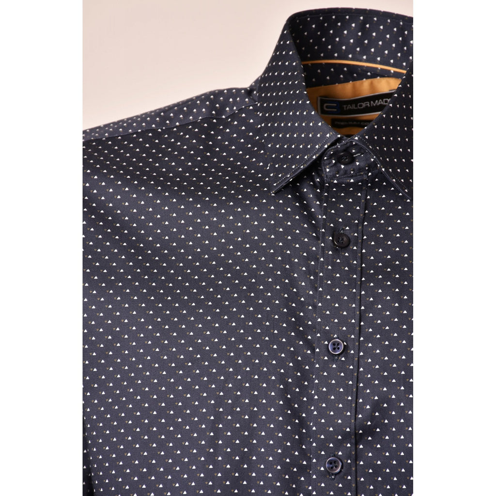 CB 061 Small Triangle Print Design Slim Fit Cotton Single Cuff Smart Shirt - Navy