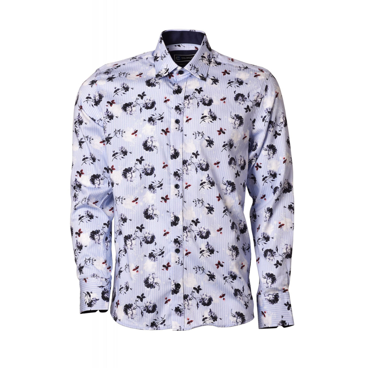 CB 094 Fine Stripe Flower Print Design Slim Fit Cotton Single Cuff Smart Shirt - Blue