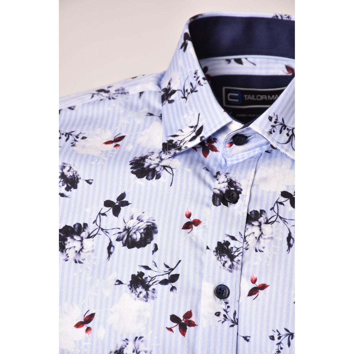 CB 094 Fine Stripe Flower Print Design Slim Fit Cotton Single Cuff Smart Shirt - Blue