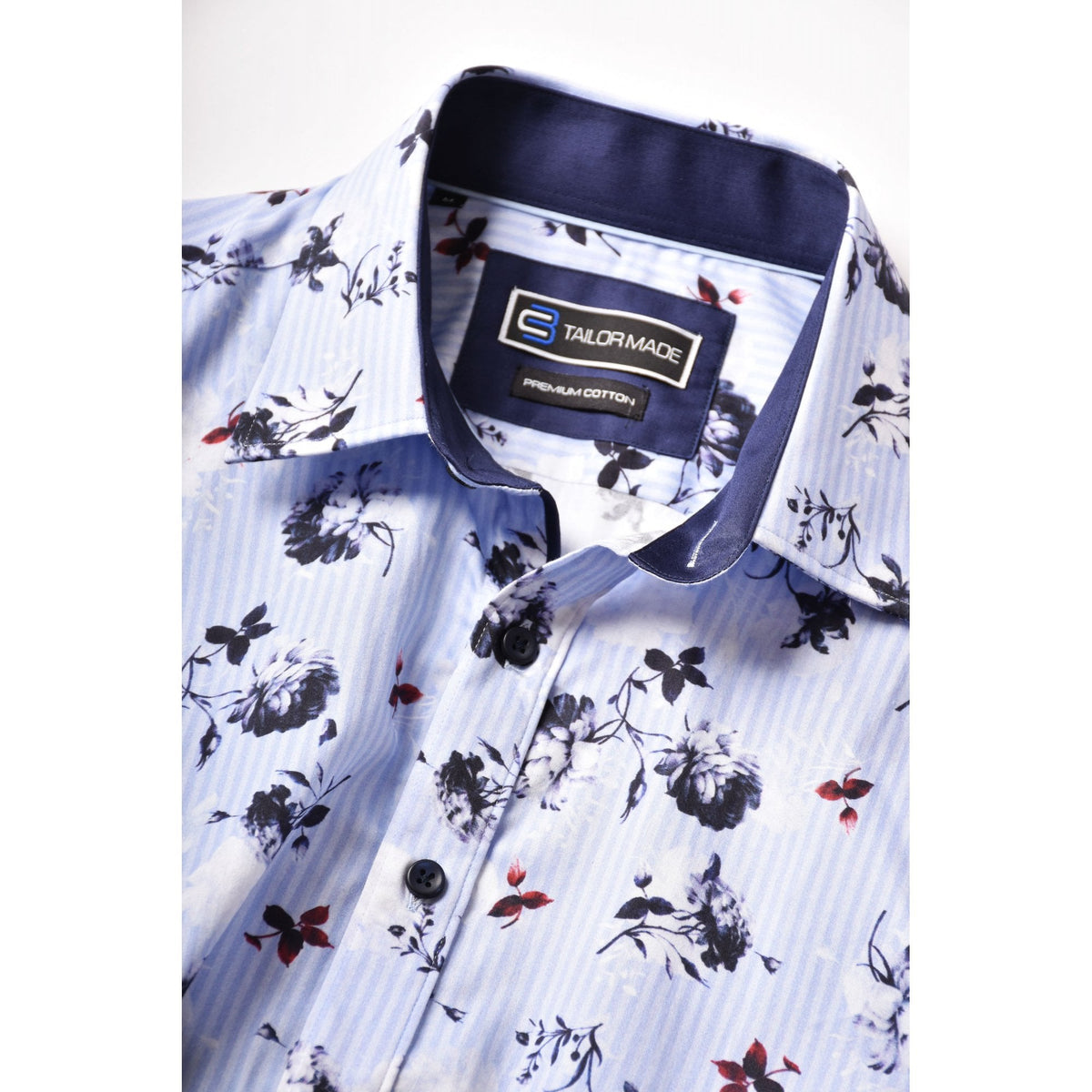 CB 094 Fine Stripe Flower Print Design Slim Fit Cotton Single Cuff Smart Shirt - Blue
