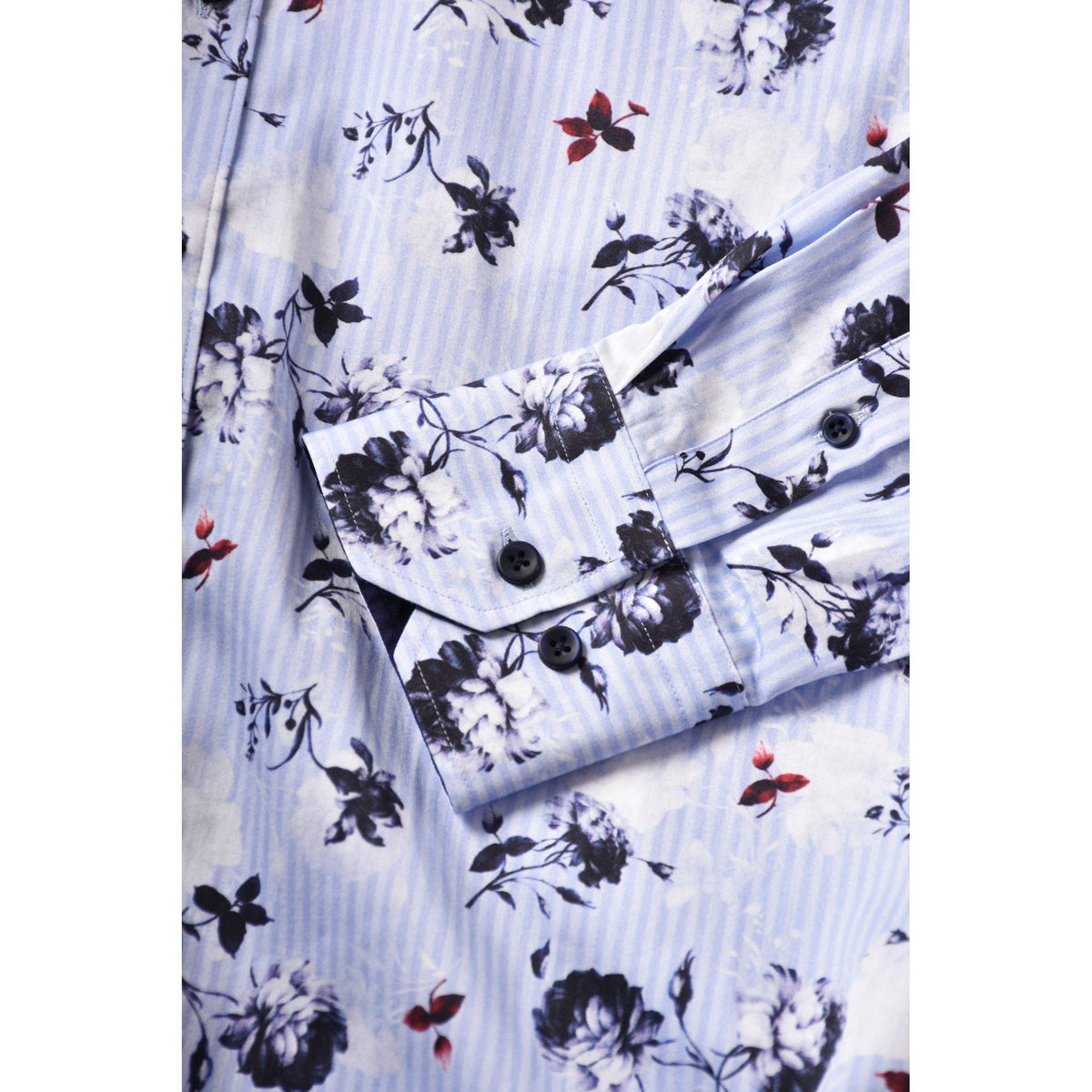 CB 094 Fine Stripe Flower Print Design Slim Fit Cotton Single Cuff Smart Shirt - Blue