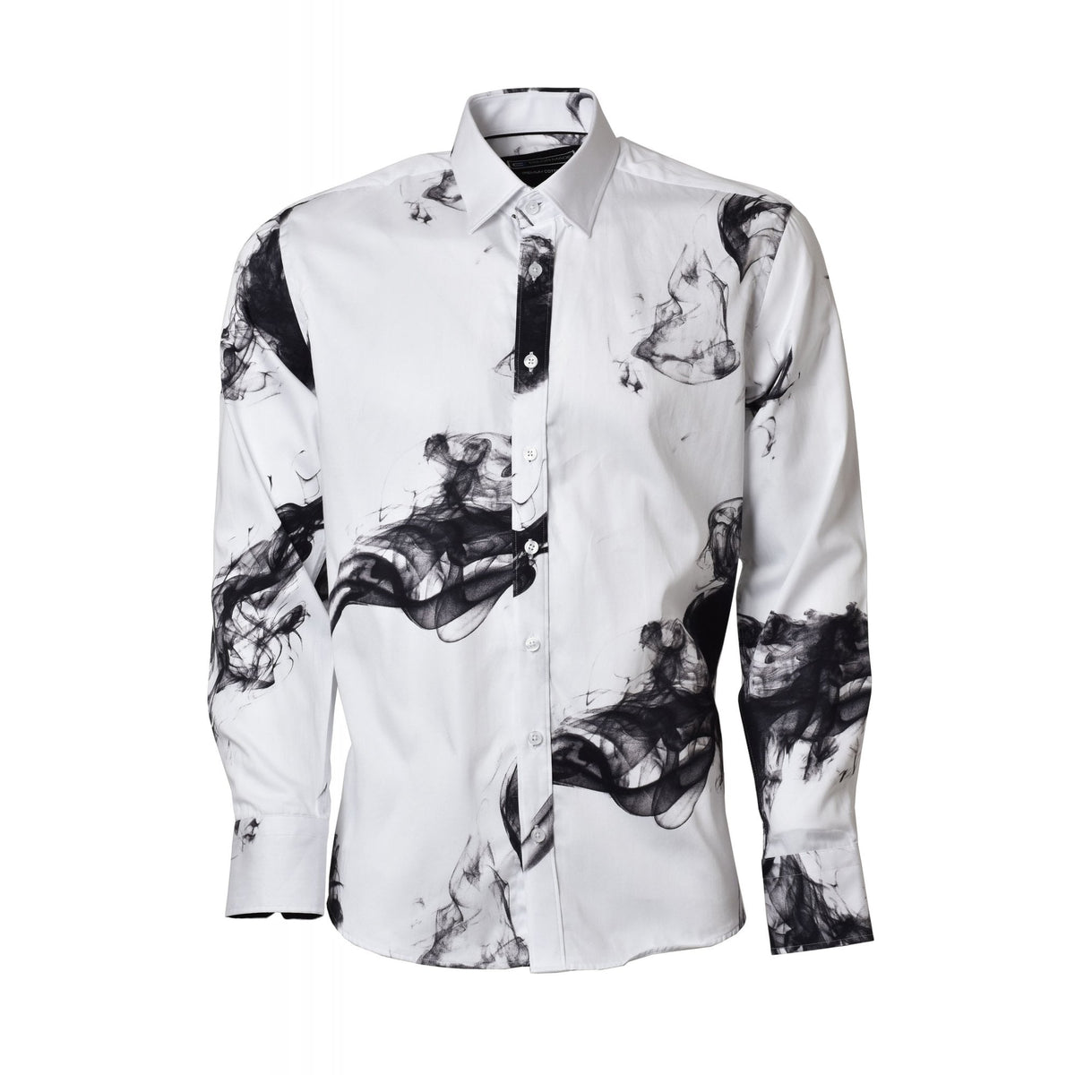 CB 088 Smoke Effect Print Design Slim Fit Cotton Single Cuff Smart Shirt - White/Black