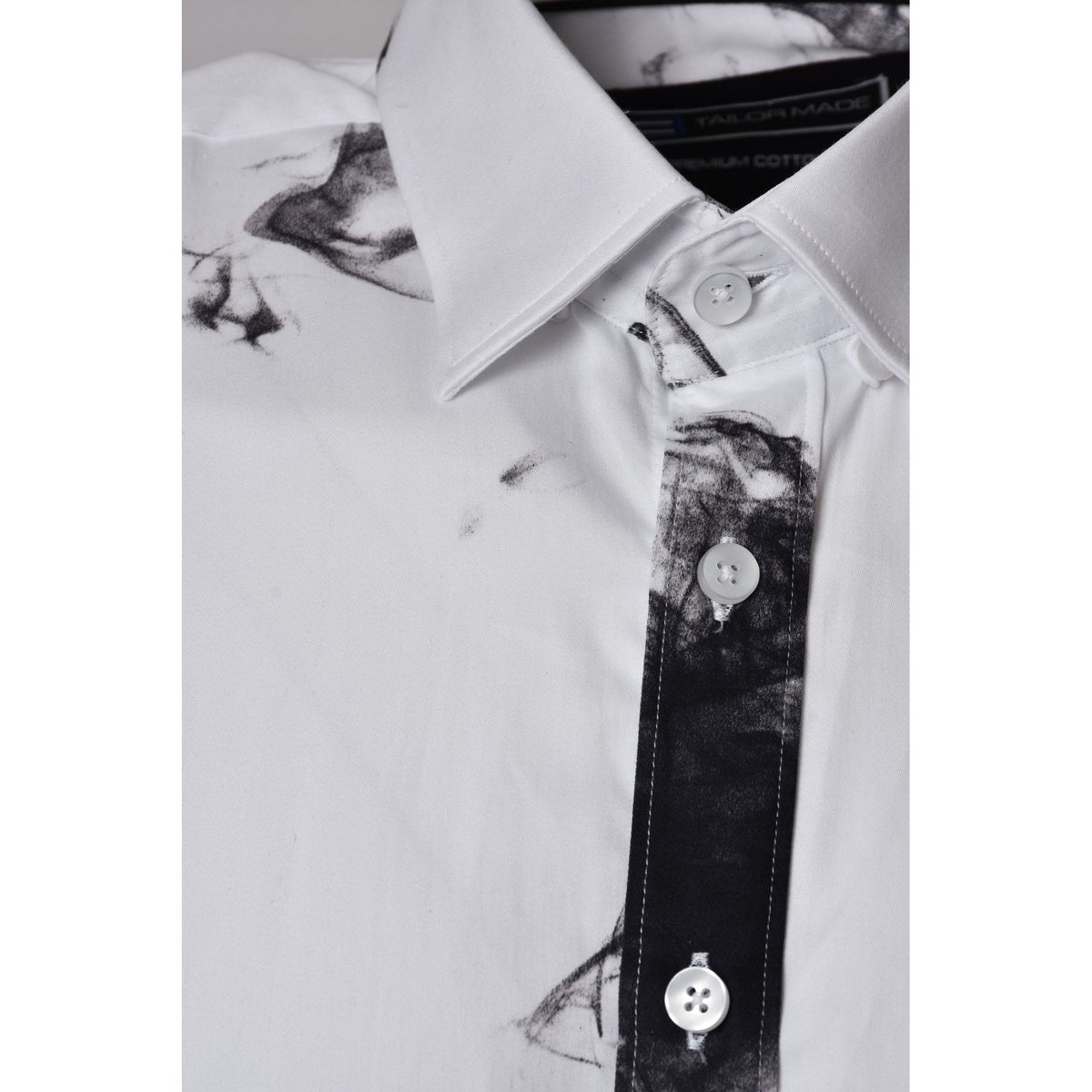CB 088 Smoke Effect Print Design Slim Fit Cotton Single Cuff Smart Shirt - White/Black