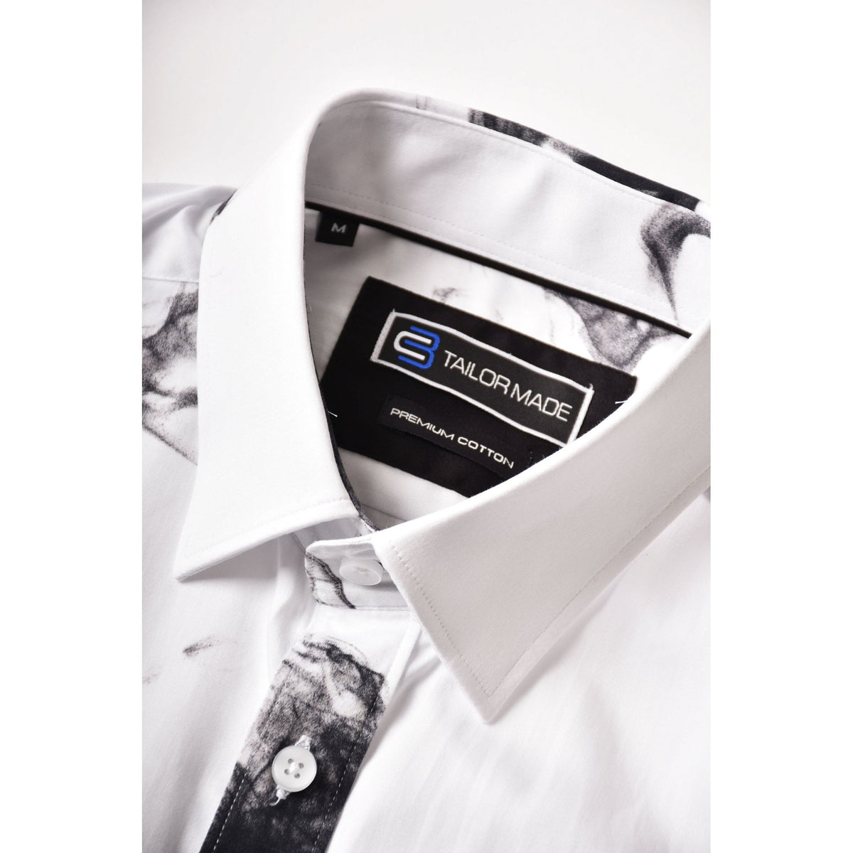 CB 088 Smoke Effect Print Design Slim Fit Cotton Single Cuff Smart Shirt - White/Black