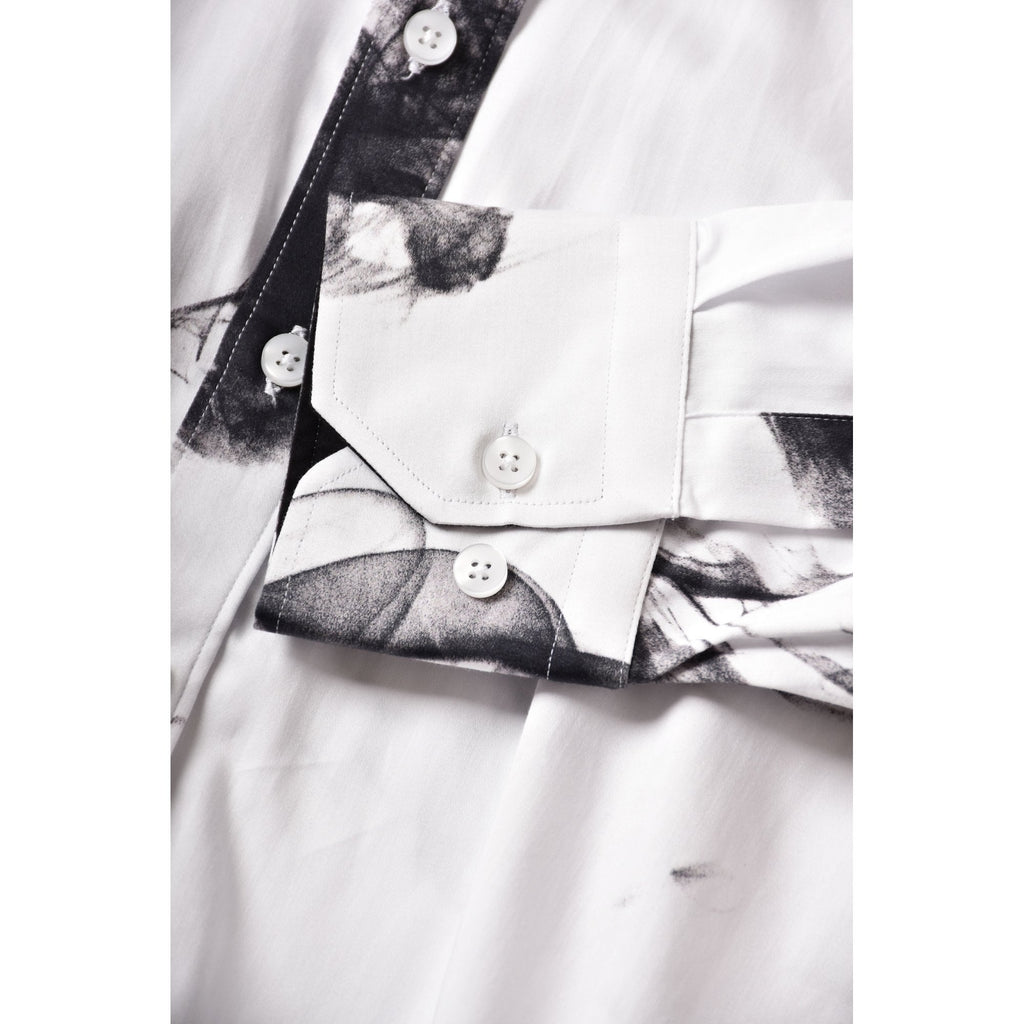CB 088 Smoke Effect Print Design Slim Fit Cotton Single Cuff Smart Shirt - White/Black