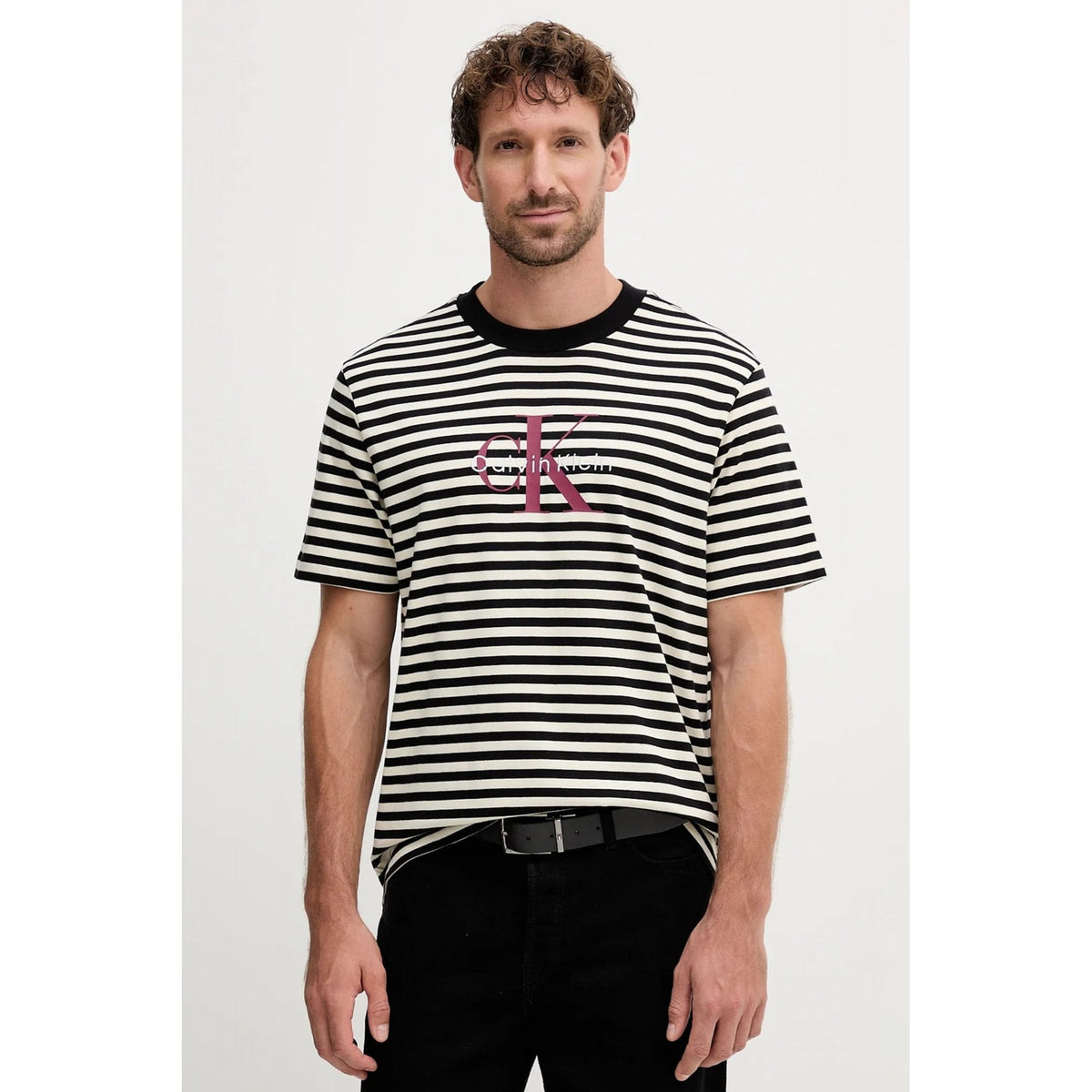 Calvin Klein Jeans | LV04RD204G Stripe Monogram Logo Crew Cotton Half-Sleeve T-Shirt - Black