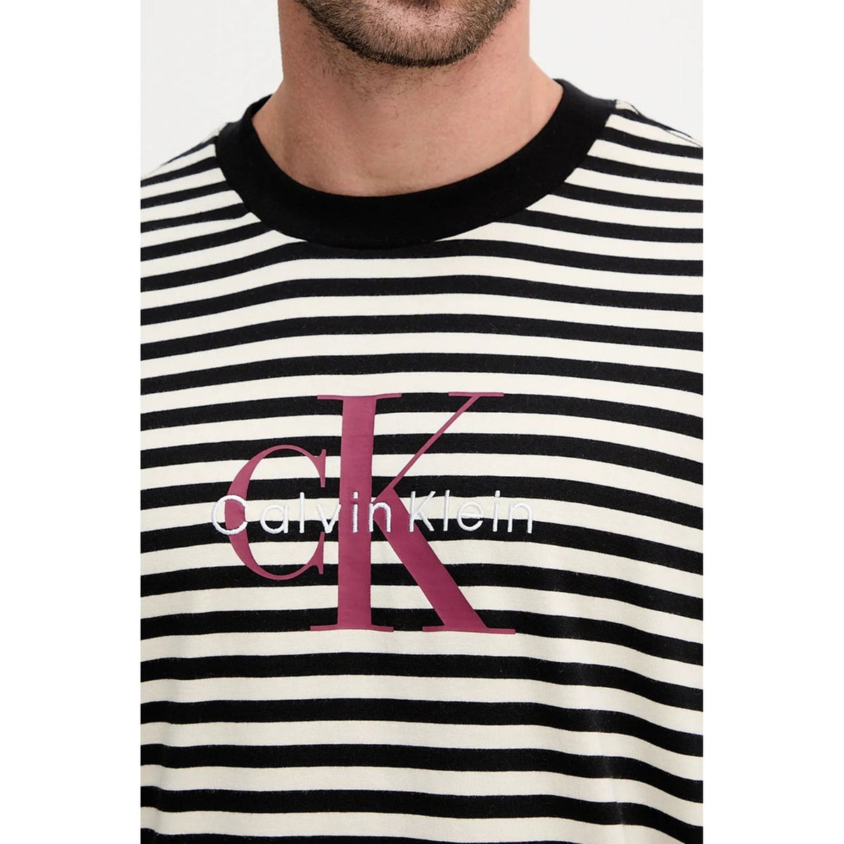 Calvin Klein Jeans | LV04RD204G Stripe Monogram Logo Crew Cotton Half-Sleeve T-Shirt - Black