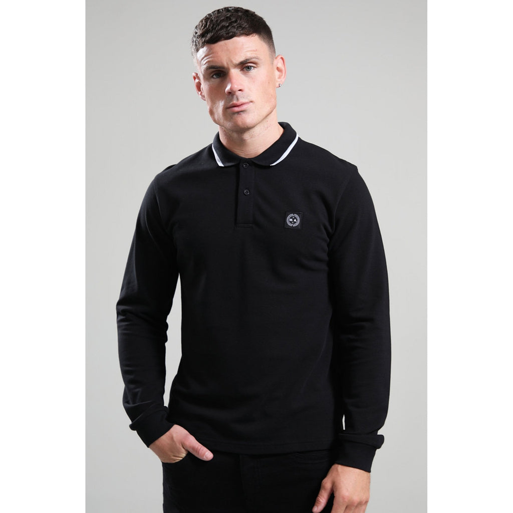 Marshall Artist | 1122 Siren Badge Logo Contrast Stripe Tipping Pique Long Sleeve Polo Top - Black
