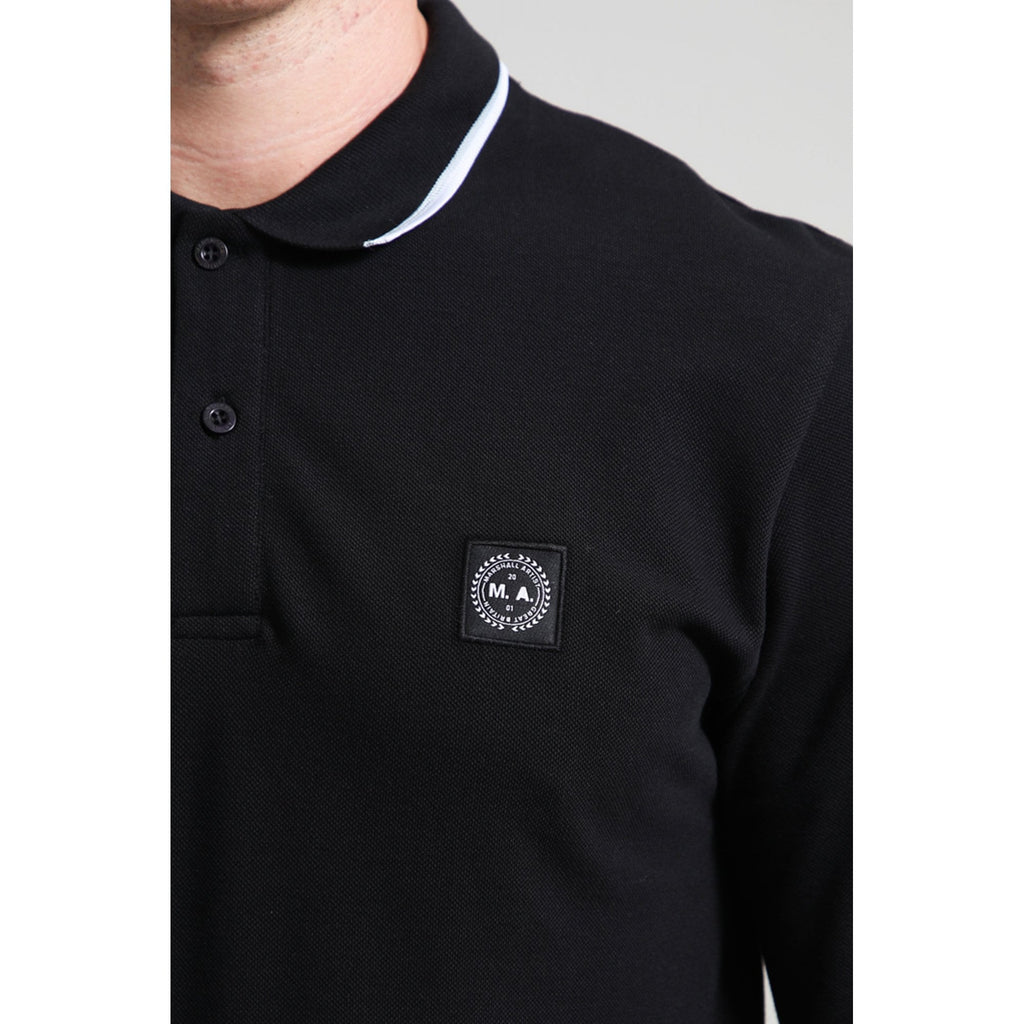 Marshall Artist | 1122 Siren Badge Logo Contrast Stripe Tipping Pique Long Sleeve Polo Top - Black