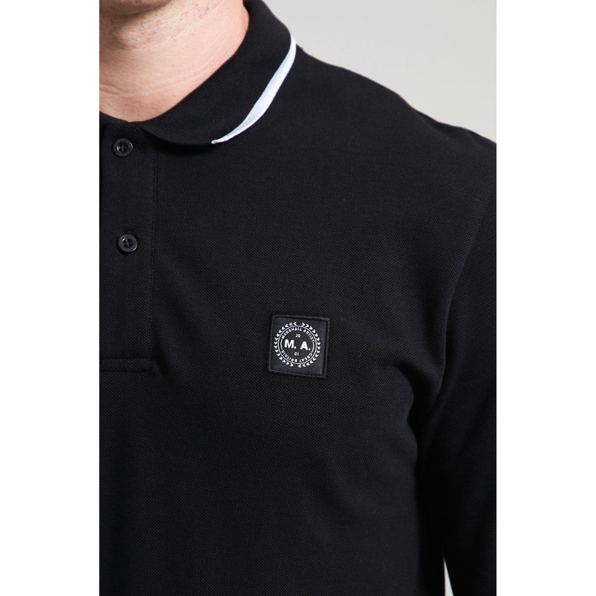 Marshall Artist | 1122 Siren Badge Logo Contrast Stripe Tipping Pique Long Sleeve Polo Top - Black