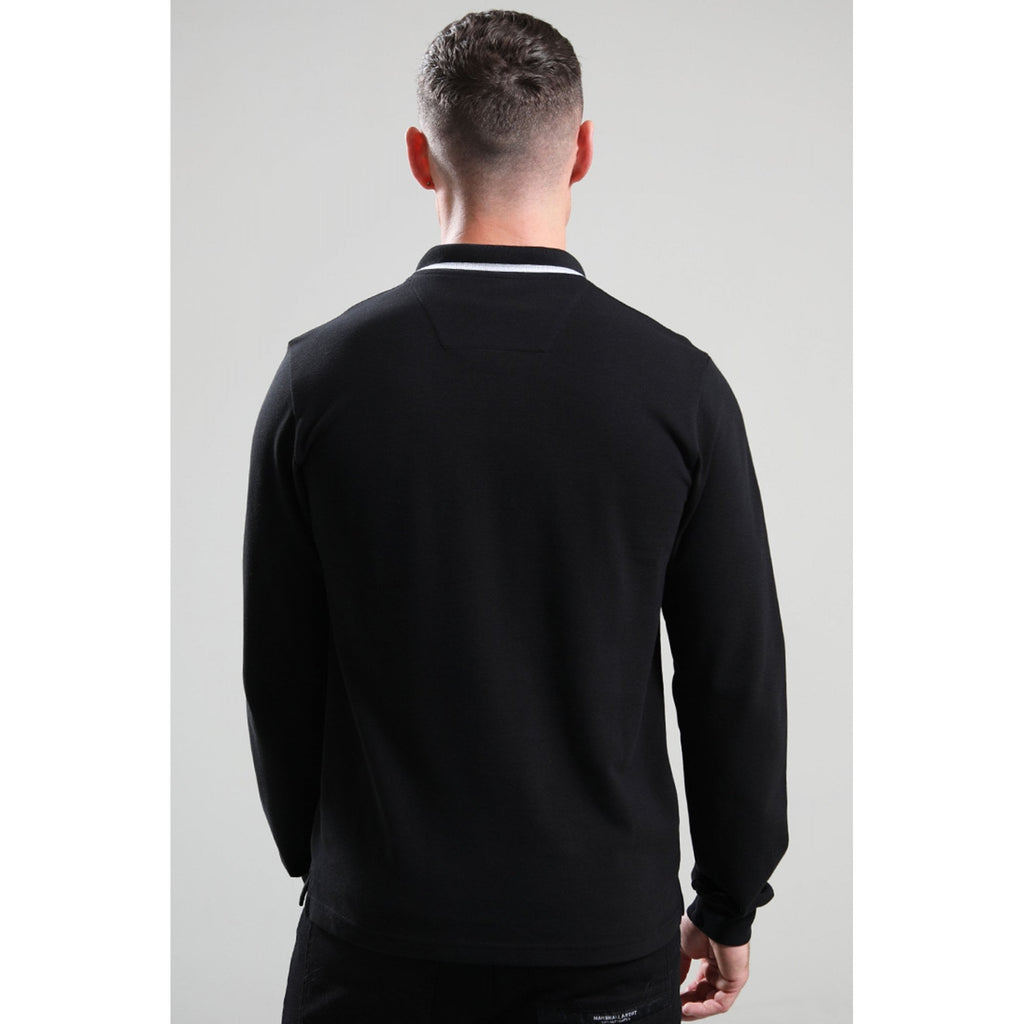 Marshall Artist | 1122 Siren Badge Logo Contrast Stripe Tipping Pique Long Sleeve Polo Top - Black