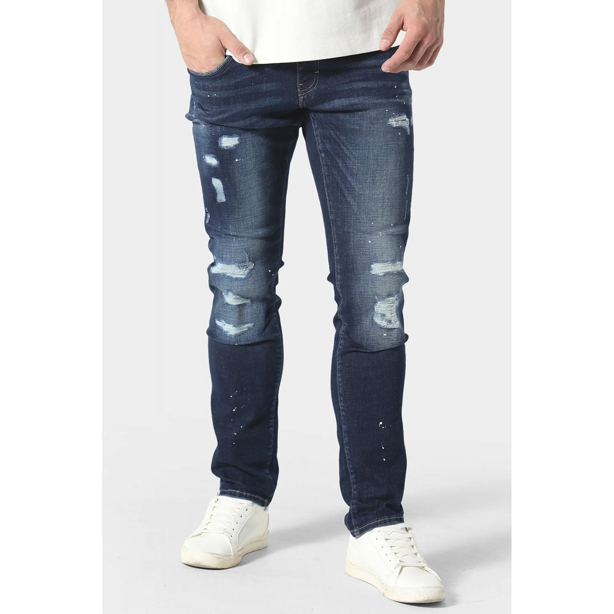 Police 1061 Todd Dino Stretch Slim Fit Distressed Paint Splatter Denim Jean - Blue Wash