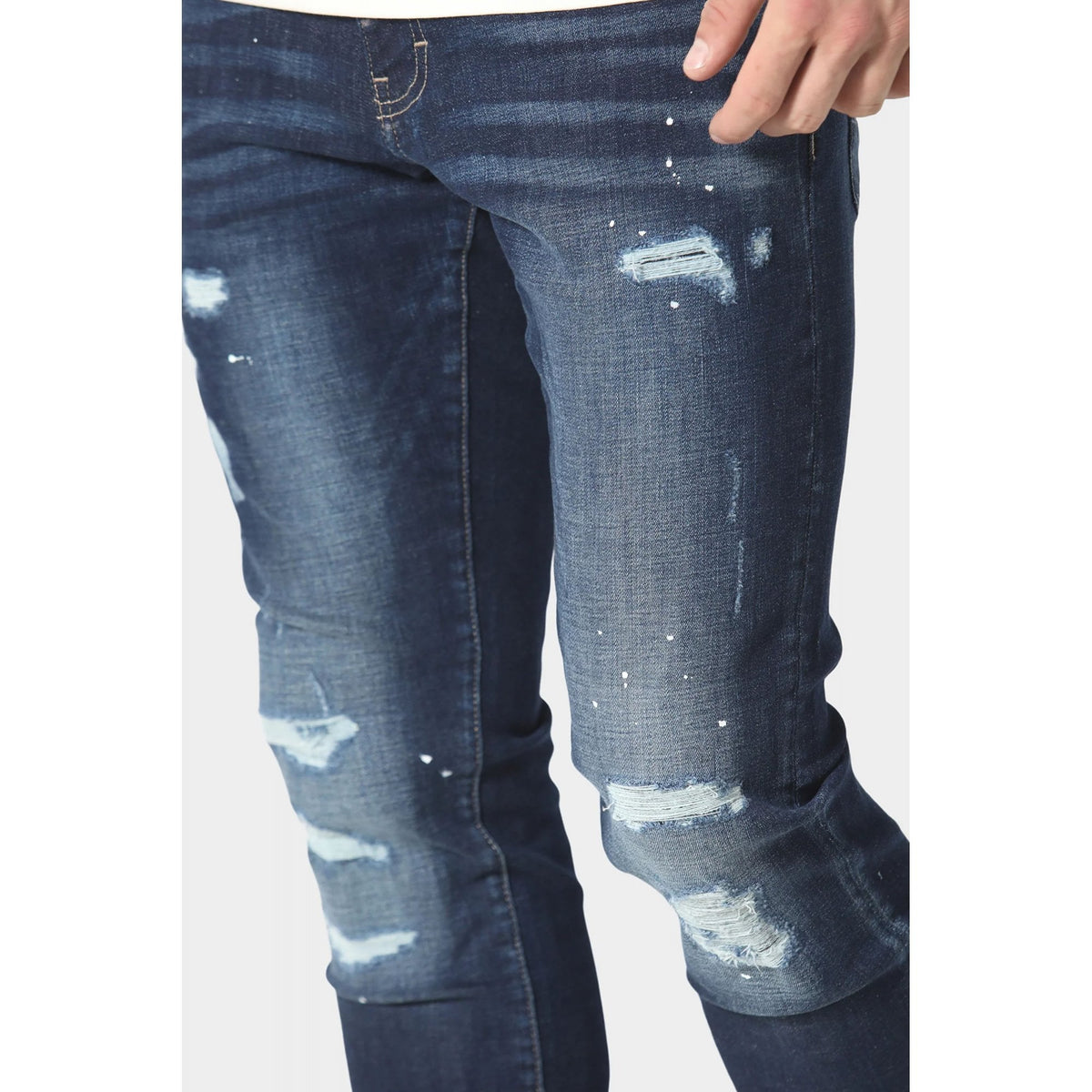 Police 1061 Todd Dino Stretch Slim Fit Distressed Paint Splatter Denim Jean - Blue Wash