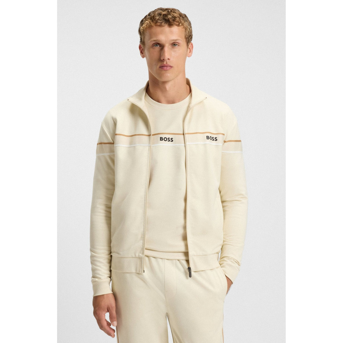 Boss 50550612 Iconic Tape Trim Cotton Terry Full Zip Track Top - Beige