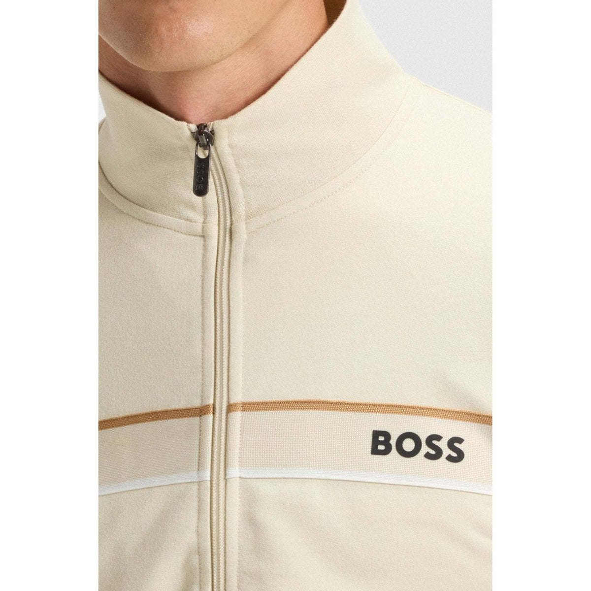 Boss 50550612 Iconic Tape Trim Cotton Terry Full Zip Track Top - Beige