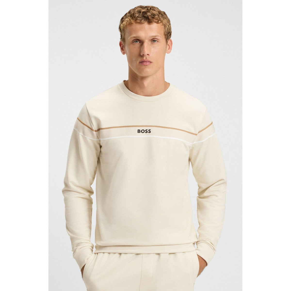 Boss 50545589 Iconic Tape Trim Cotton Terry Sweat Top - Beige