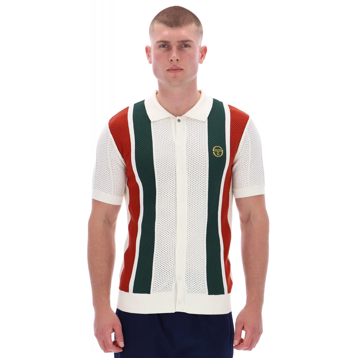 Sergio Tacchini | Montell Knit Cotton Contrast Colour Stripe Button-Down Polo T-Shirt - Ecru