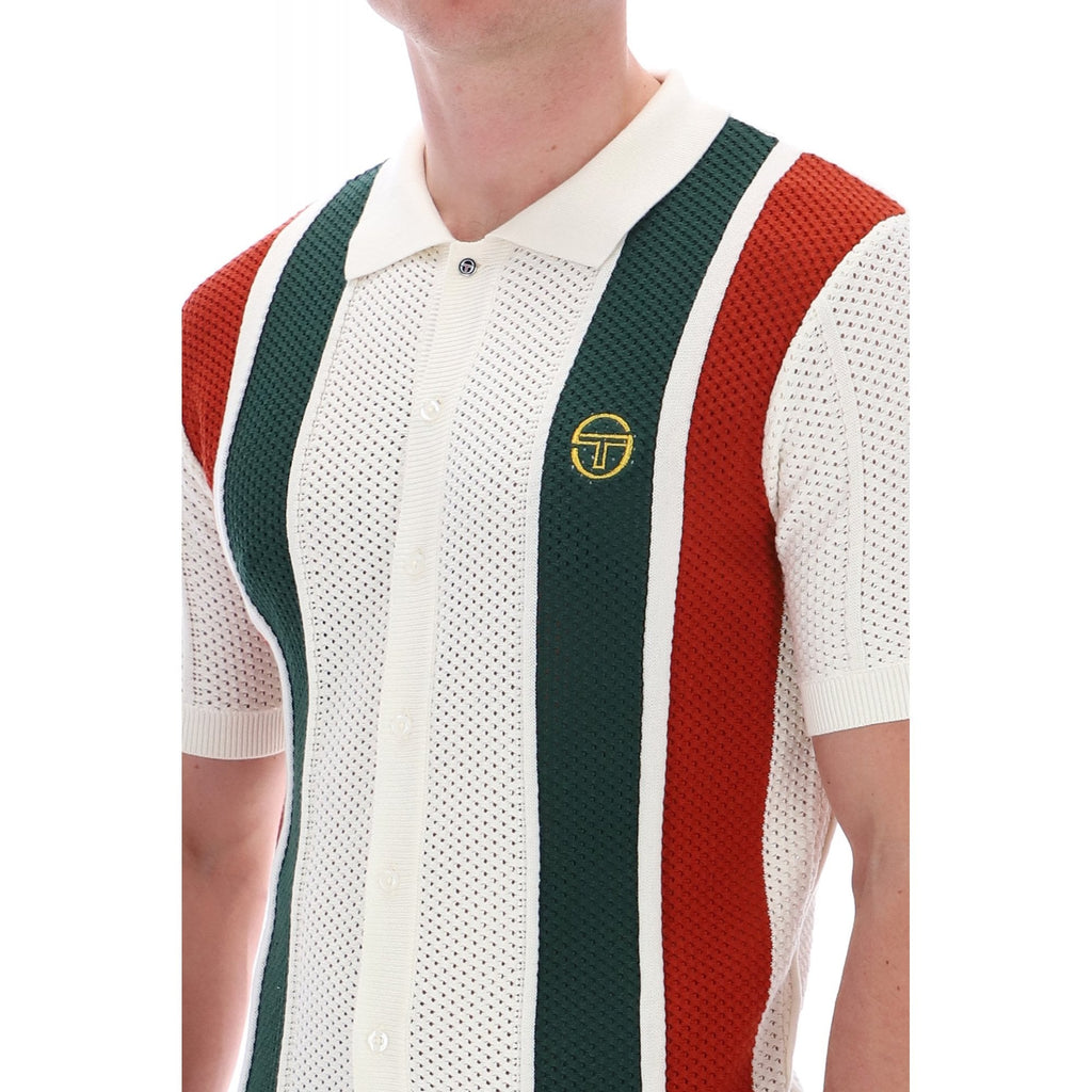 Sergio Tacchini | Montell Knit Cotton Contrast Colour Stripe Button-Down Polo T-Shirt - Ecru
