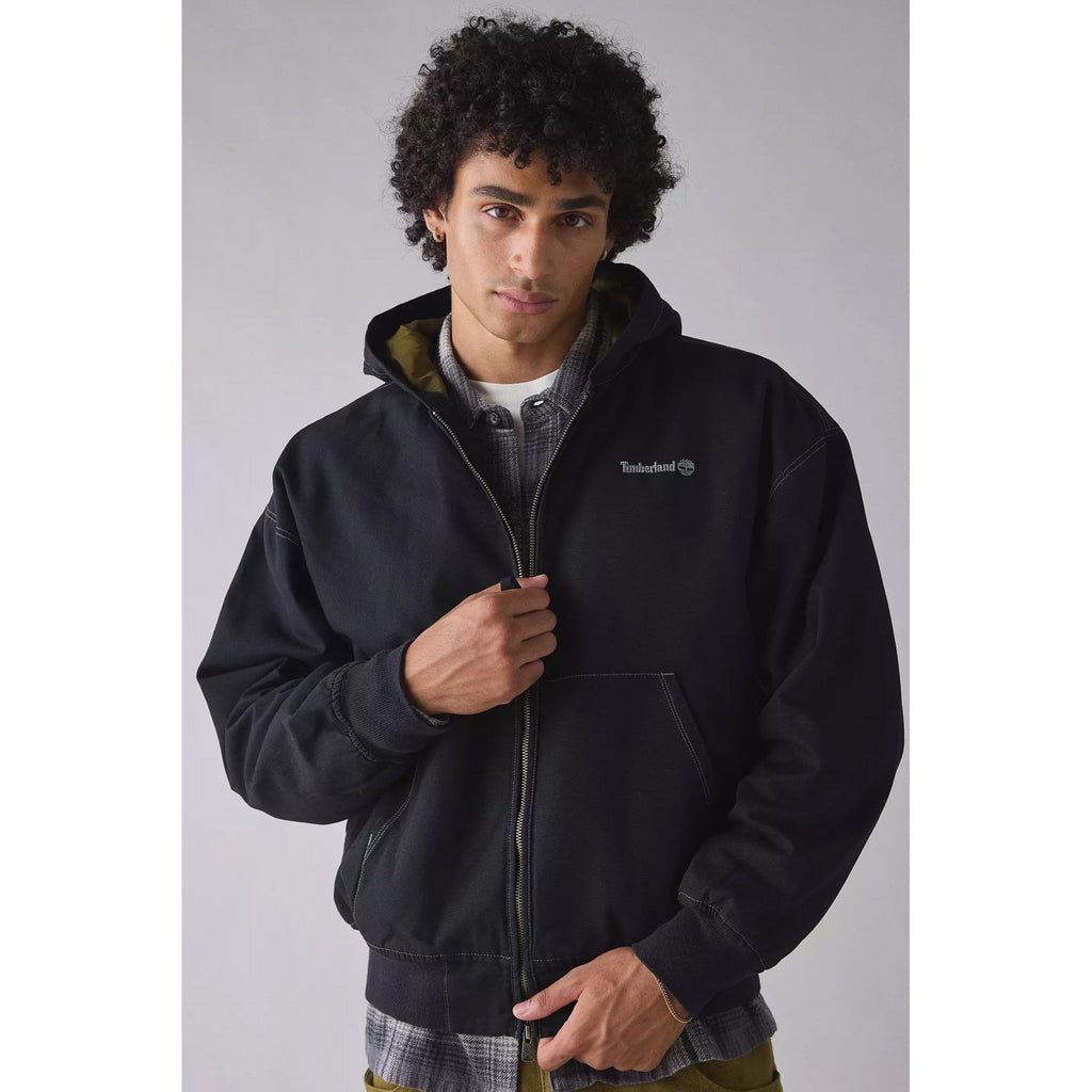 Timberland TB0A6HNY Washed-Duck Canvas Full Zip Hood Overshirt Jacket - Black