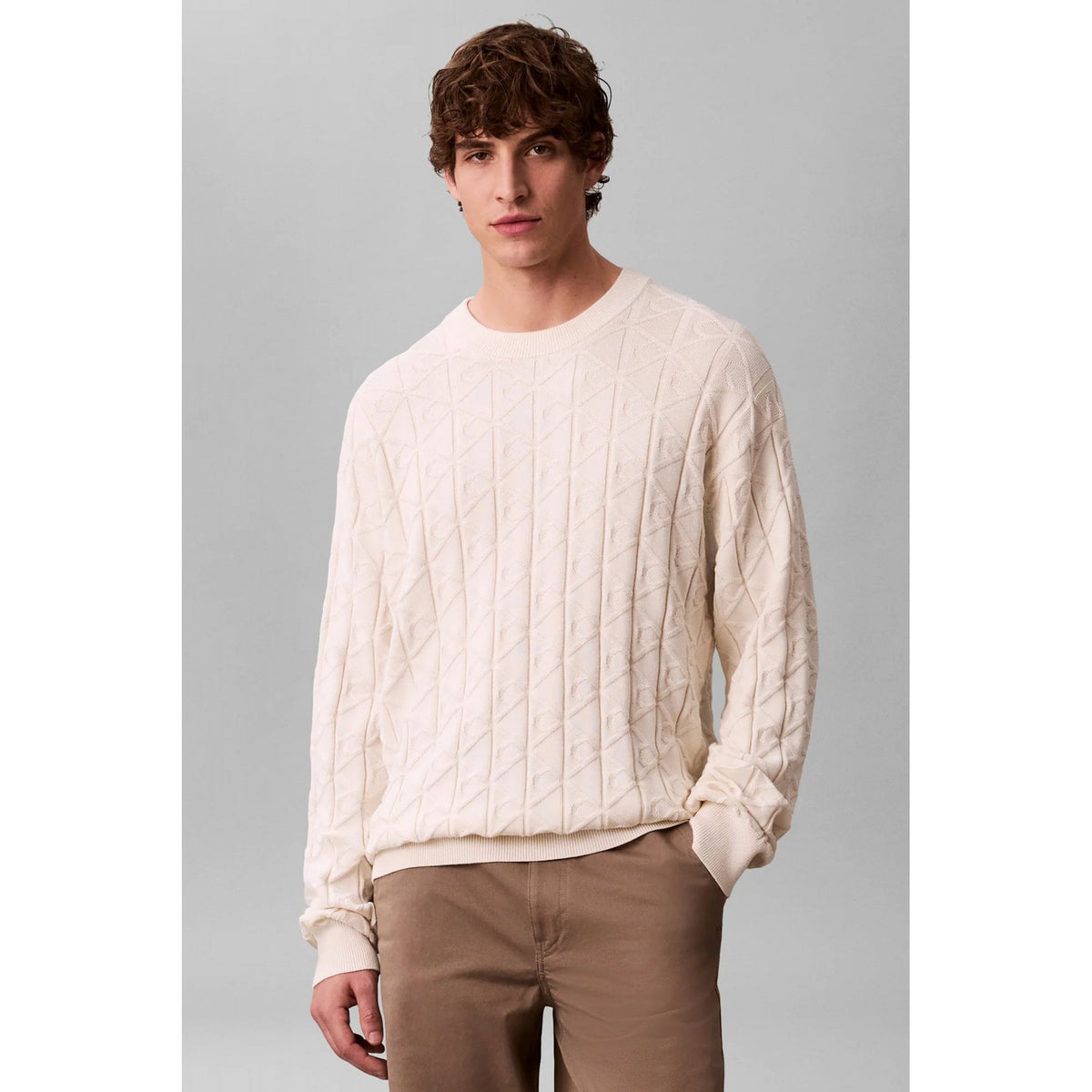 Calvin Klein Jeans | LV04RE301G Jacquard Pattern Cotton Knit Loose Fit Crew Jumper - Tofu
