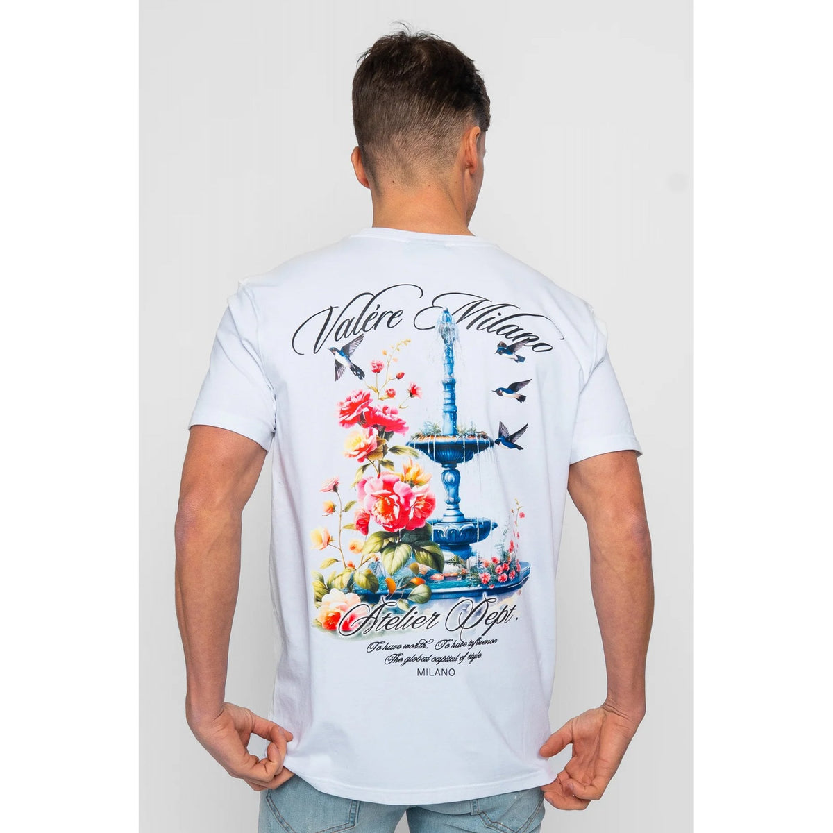 Valere Milano | Tanaro VM-322 Digital Fountain Flower Accents Graphic Print Half Sleeve T-Shirt