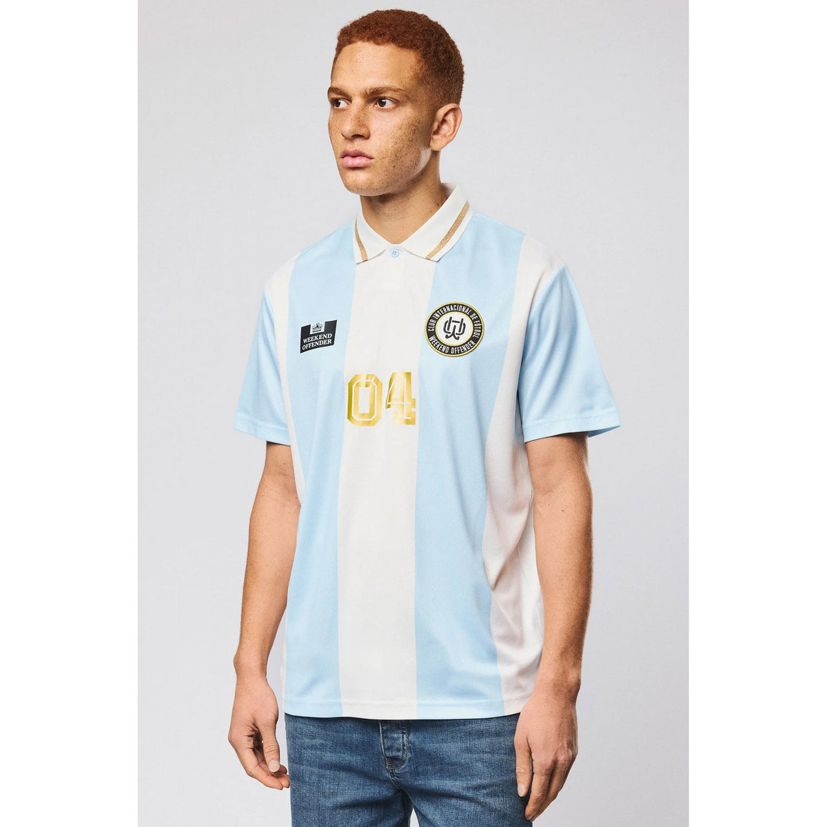 Weekend Offender FS1B10 Moulay Football Retro Stripe Tipped Collar Polo T-Shirt - Sky/White