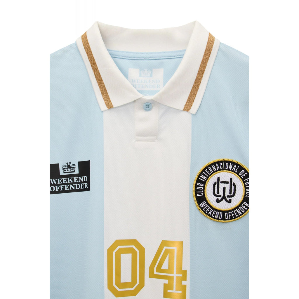 Weekend Offender FS1B10 Moulay Football Retro Stripe Tipped Collar Polo T-Shirt - Sky/White