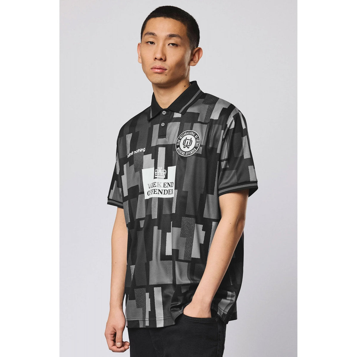 Weekend Offender FS1B11 Kiffan Football Geometric Pattern Tipped Collar Polo T-Shirt - Black