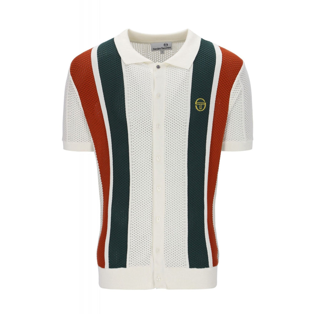 Sergio Tacchini | Montell Knit Cotton Contrast Colour Stripe Button-Down Polo T-Shirt - Ecru