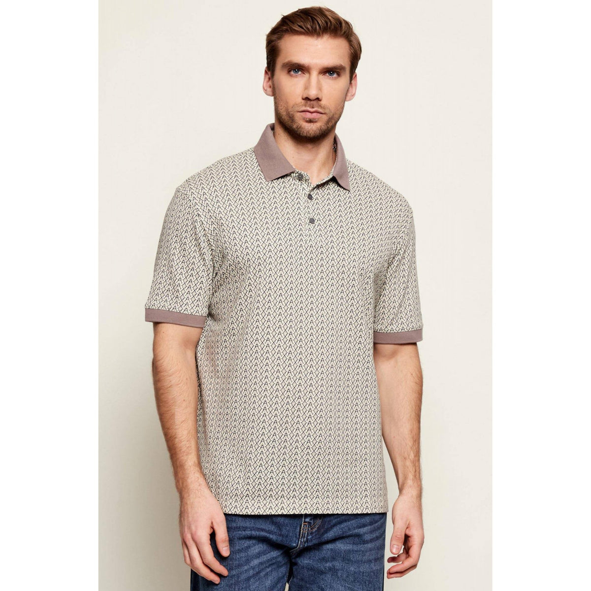 Armani Exchange | AX XM002015 AF10366 Repeat All-Over Logo Design Polo T-Shirt - Grey/Beige