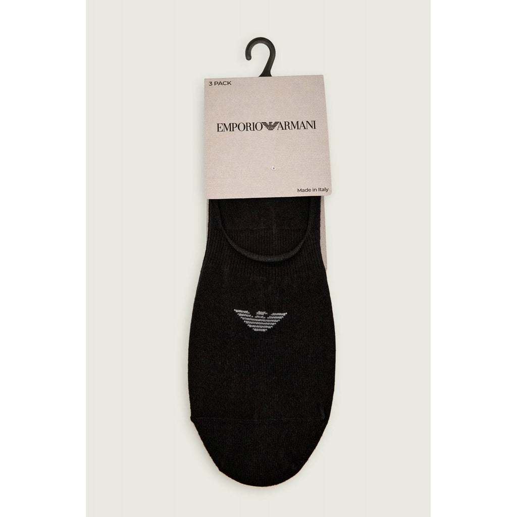 Emporio Armani AF14446 0548 Calza Invisible 3 Pack Logo Ankle Tripack Footie Socks - Black