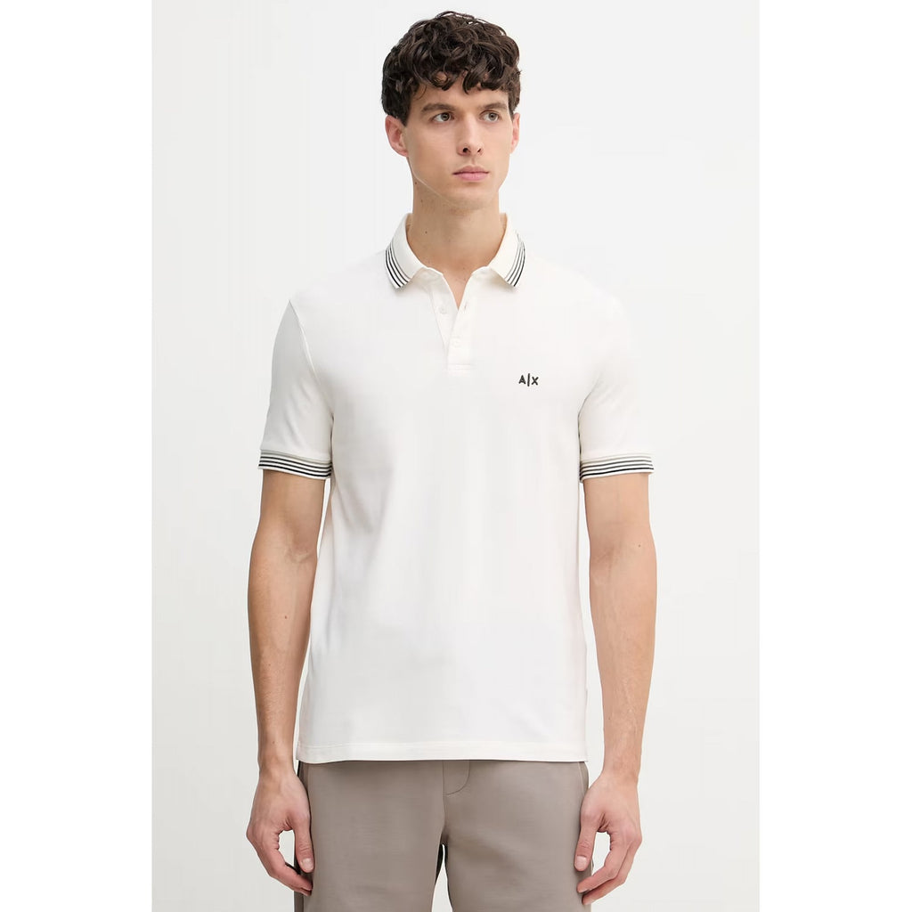 Armani Exchange | AX XM002326 AF13026 A|X Logo Stripe Tipped Pique Cotton Polo T-Shirt - Cream