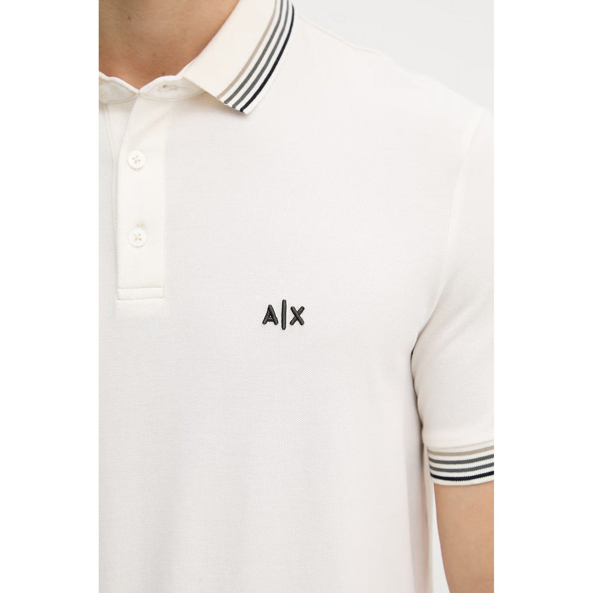 Armani Exchange | AX XM002326 AF13026 A|X Logo Stripe Tipped Pique Cotton Polo T-Shirt - Cream