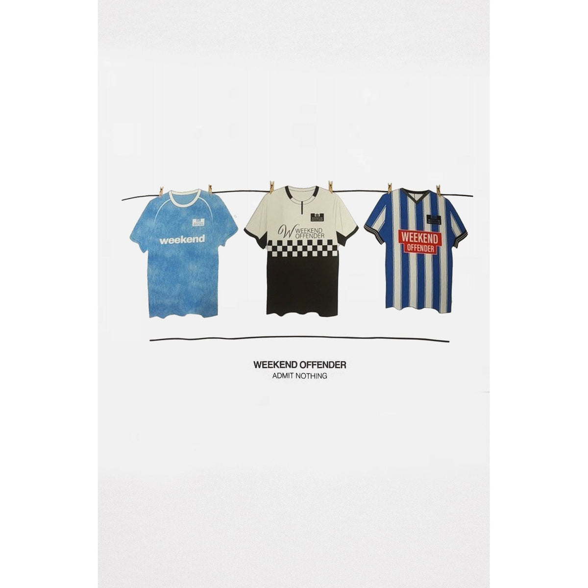 Weekend Offender WOTSB2 Blank Football Style Tees Hanging on Washing Line Graphic T-Shirt - White