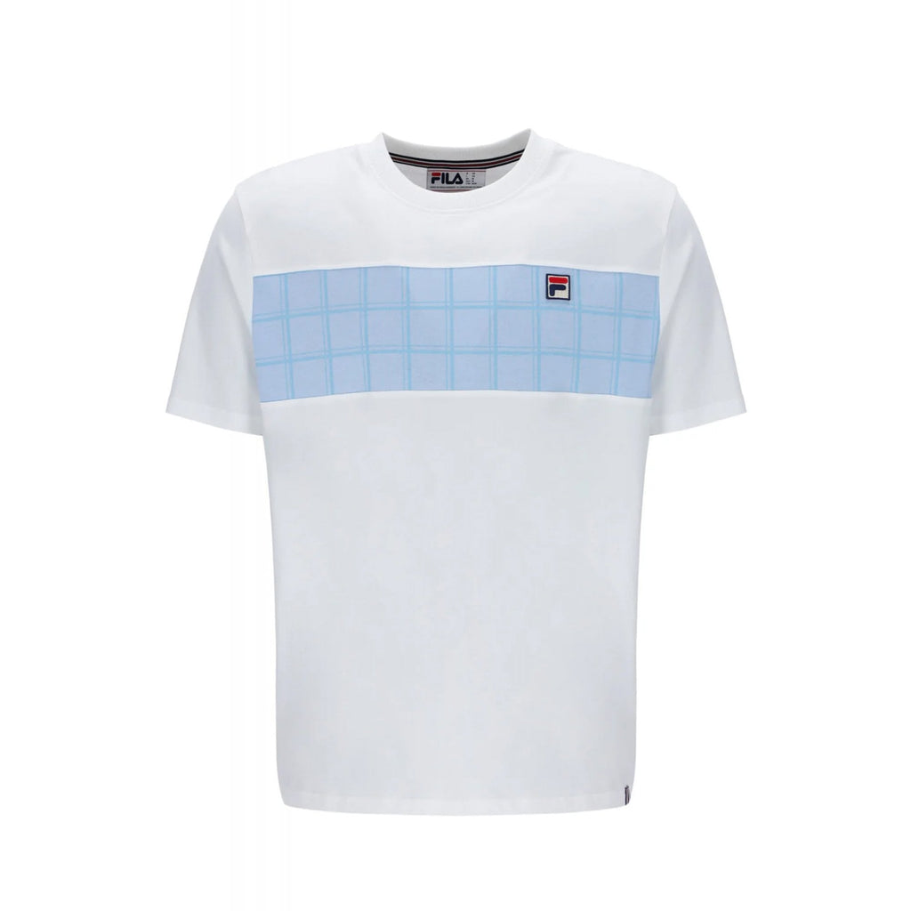 Fila Vintage Mano MH043 Cut & Sew Tonal Check Panel T-Shirt - White/Sky