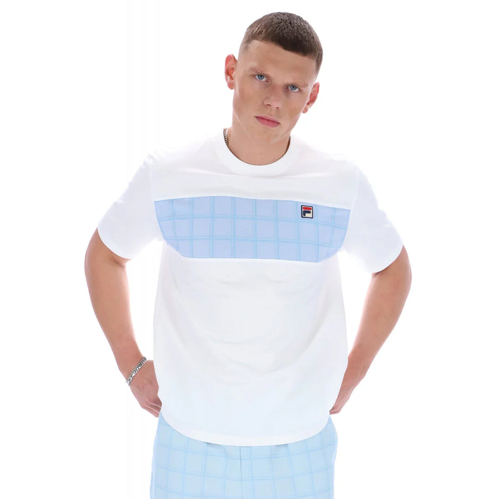 Fila Vintage Mano MH043 Cut & Sew Tonal Check Panel T-Shirt - White/Sky