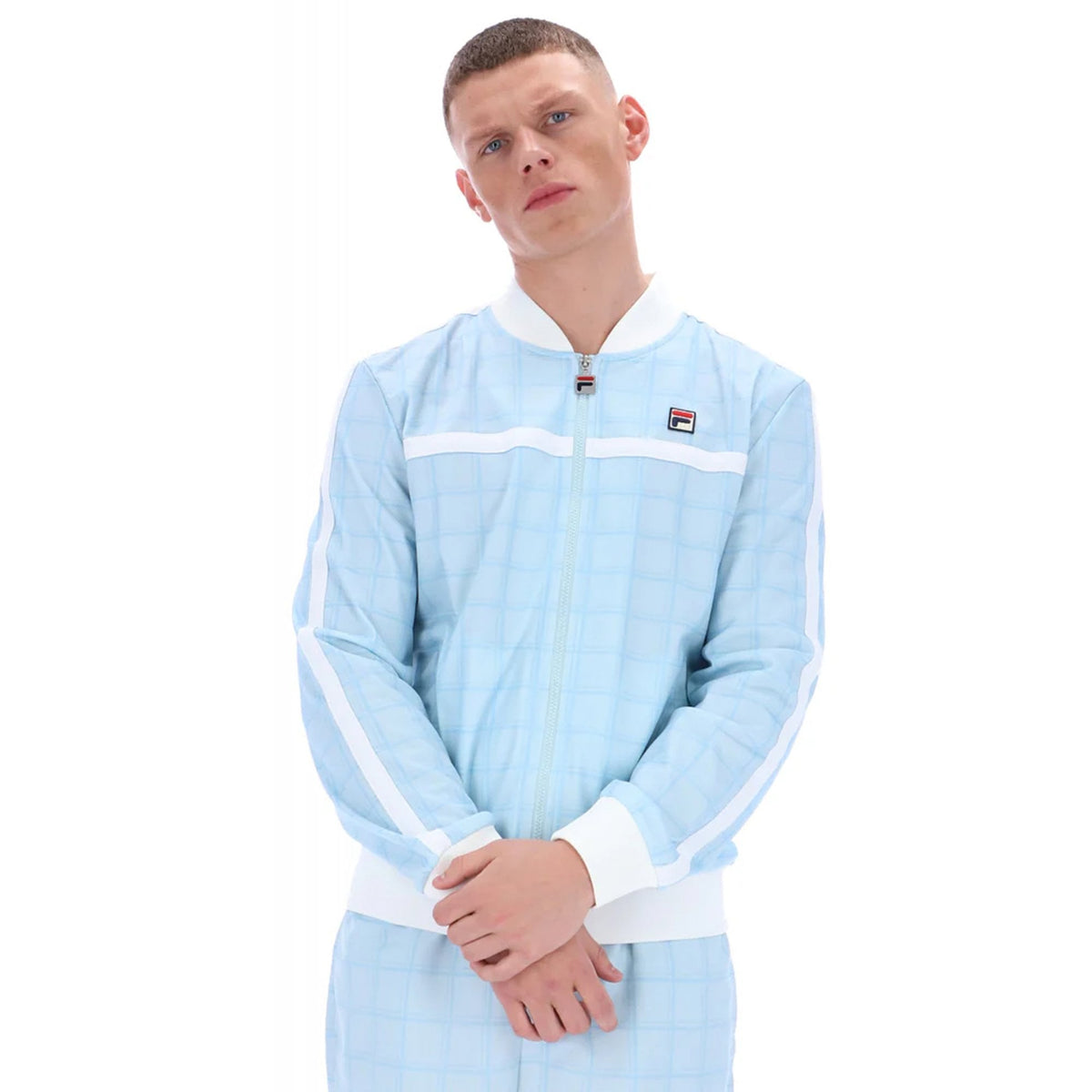 Fila Vintage Filippo MH042 Contrast Tonal Check Baseball Collar Track Top - Sky