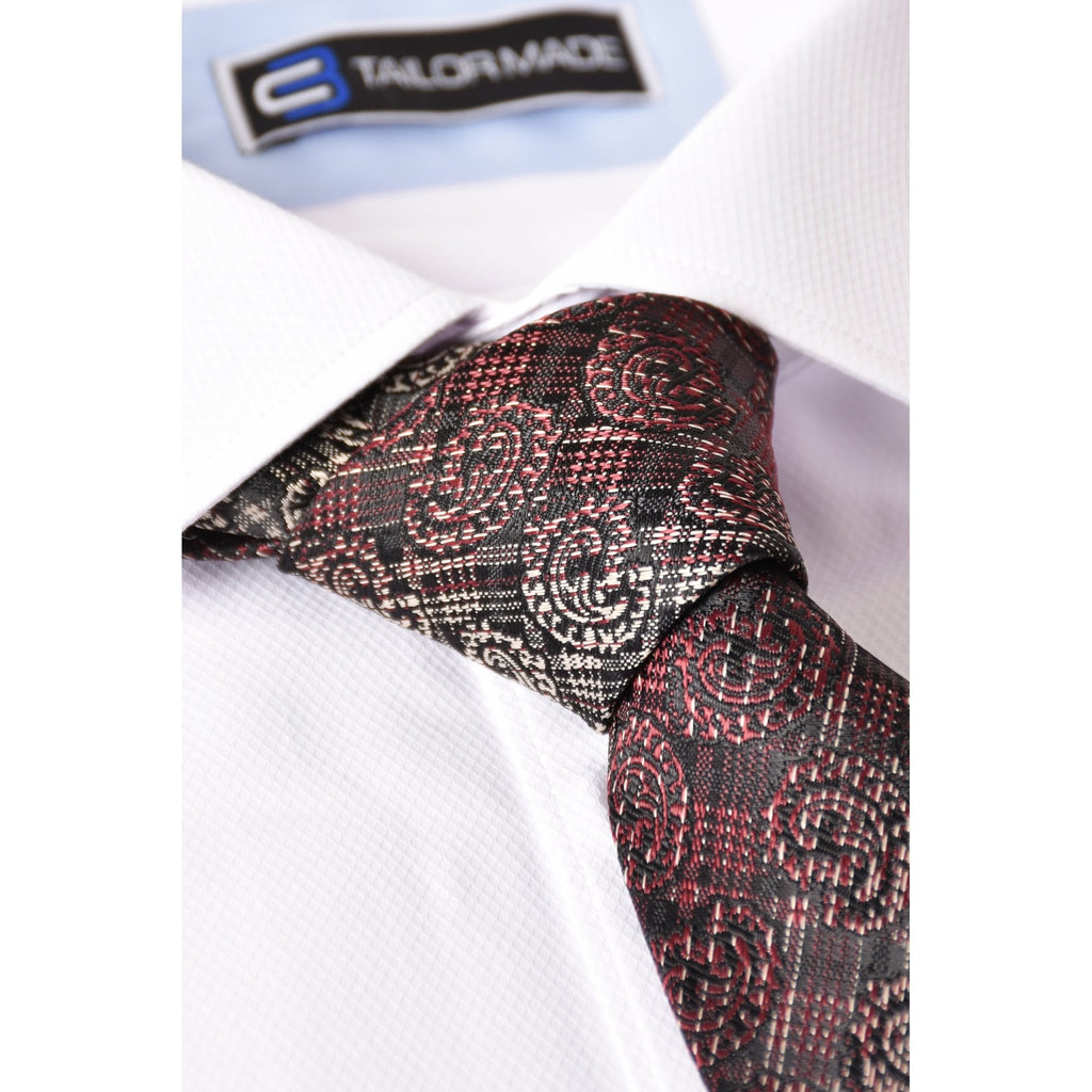 CB 107 Floral Check Pattern Two-Tone Design Tie Plus Free Handkerchief Set - Red/Grey