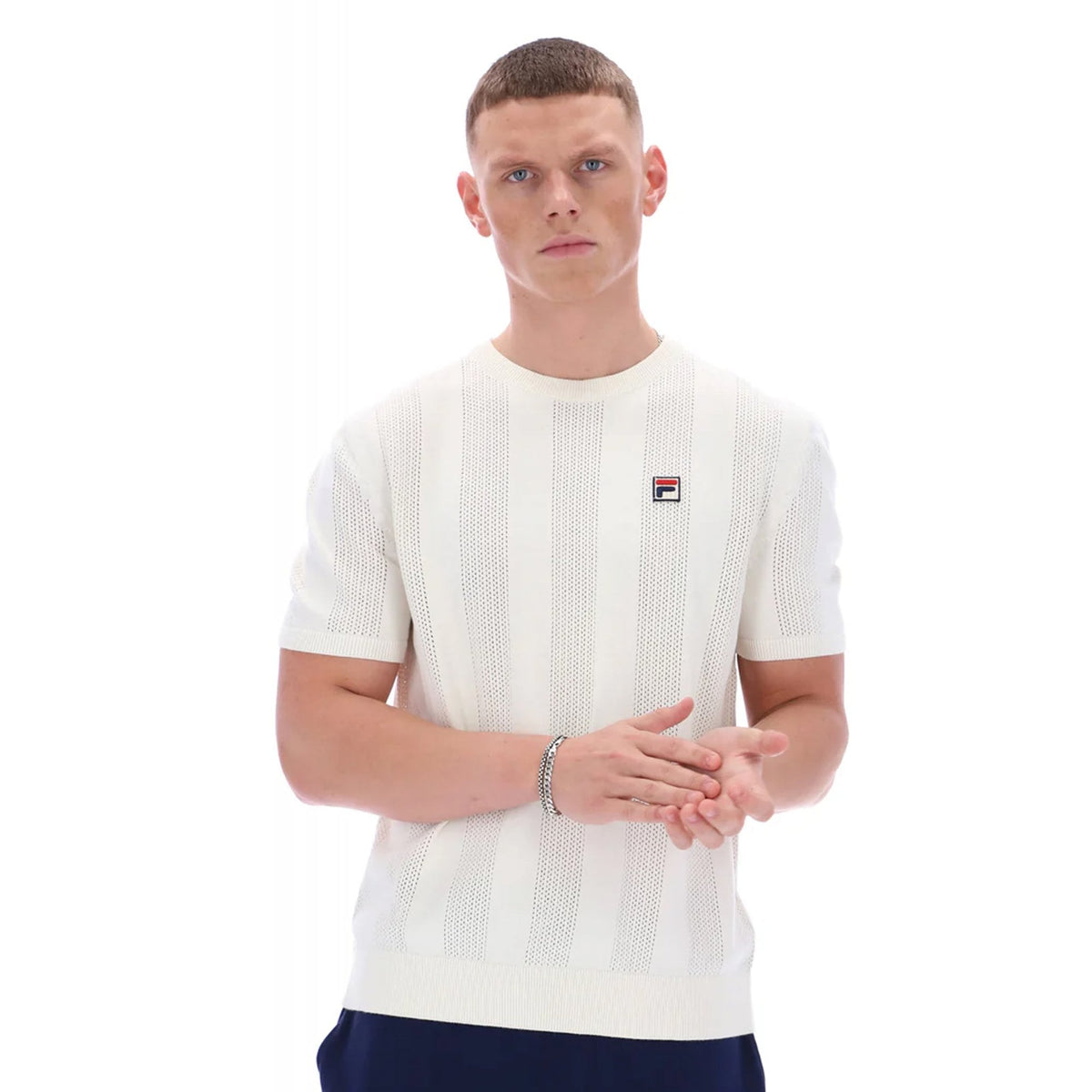 Fila Vintage Corrado MH055 Knitted Panel Ribbed Crew Neck T-Shirt - Gardenia Ecru