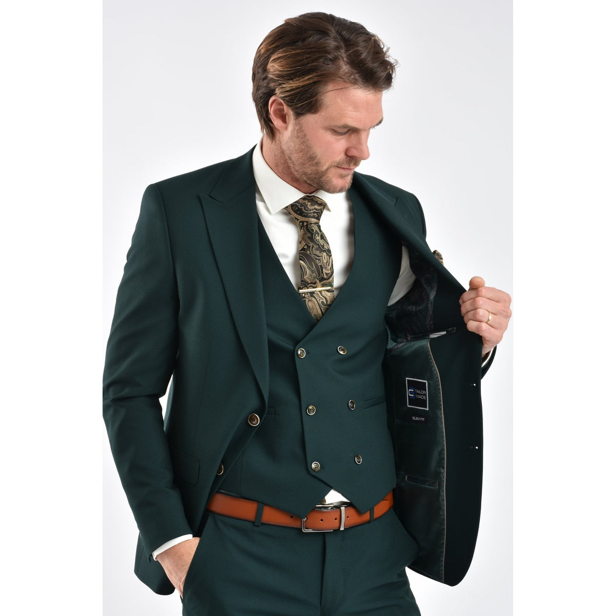 CB Napless Tailored Slim Fit Smooth Textured 3 Piece Suit - Green