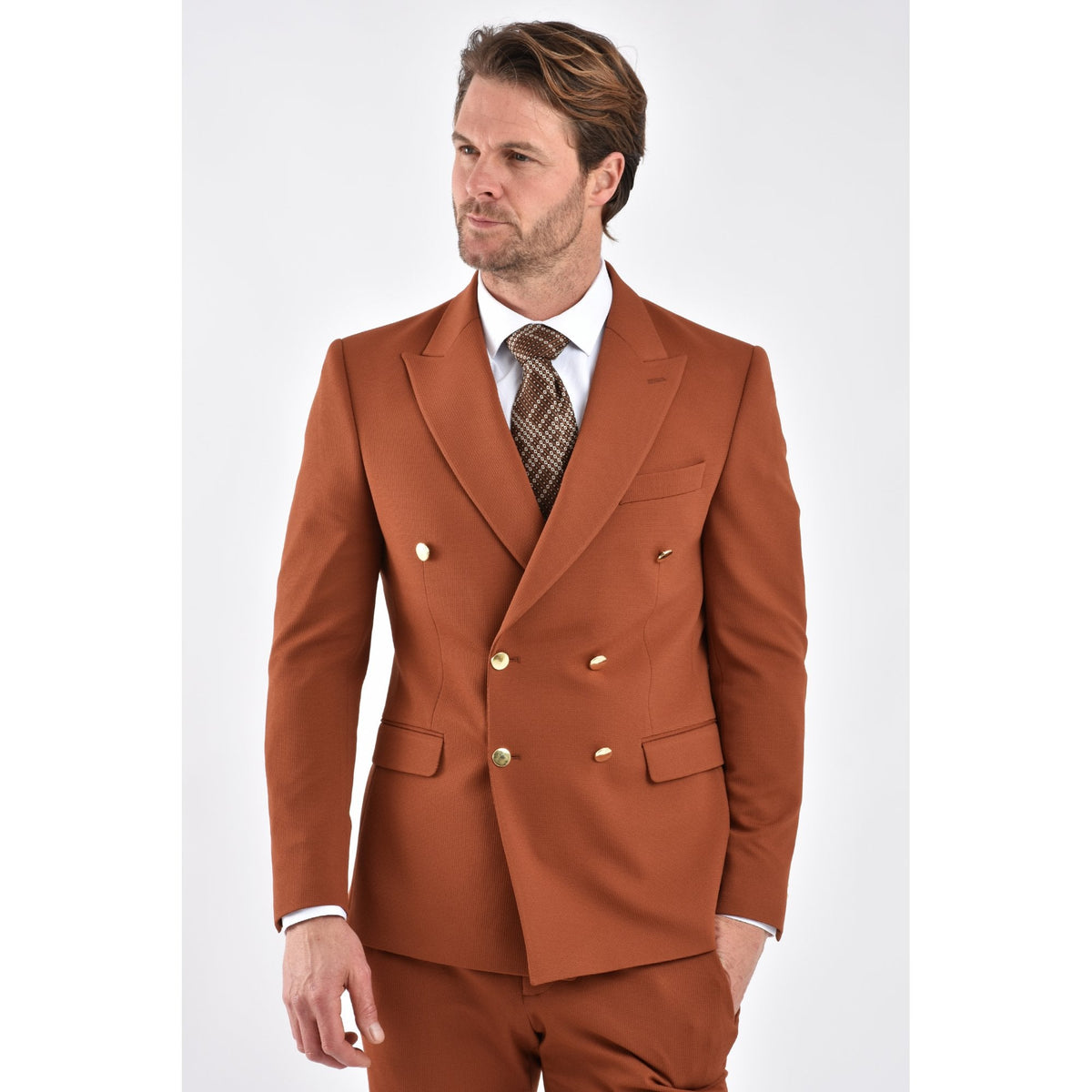 CB Lazio Gold Button Tailored Slim Fit Double Breasted Textured Blazer