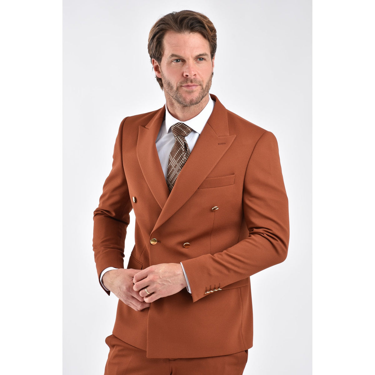 CB Lazio Gold Button Tailored Slim Fit Double Breasted Textured Blazer