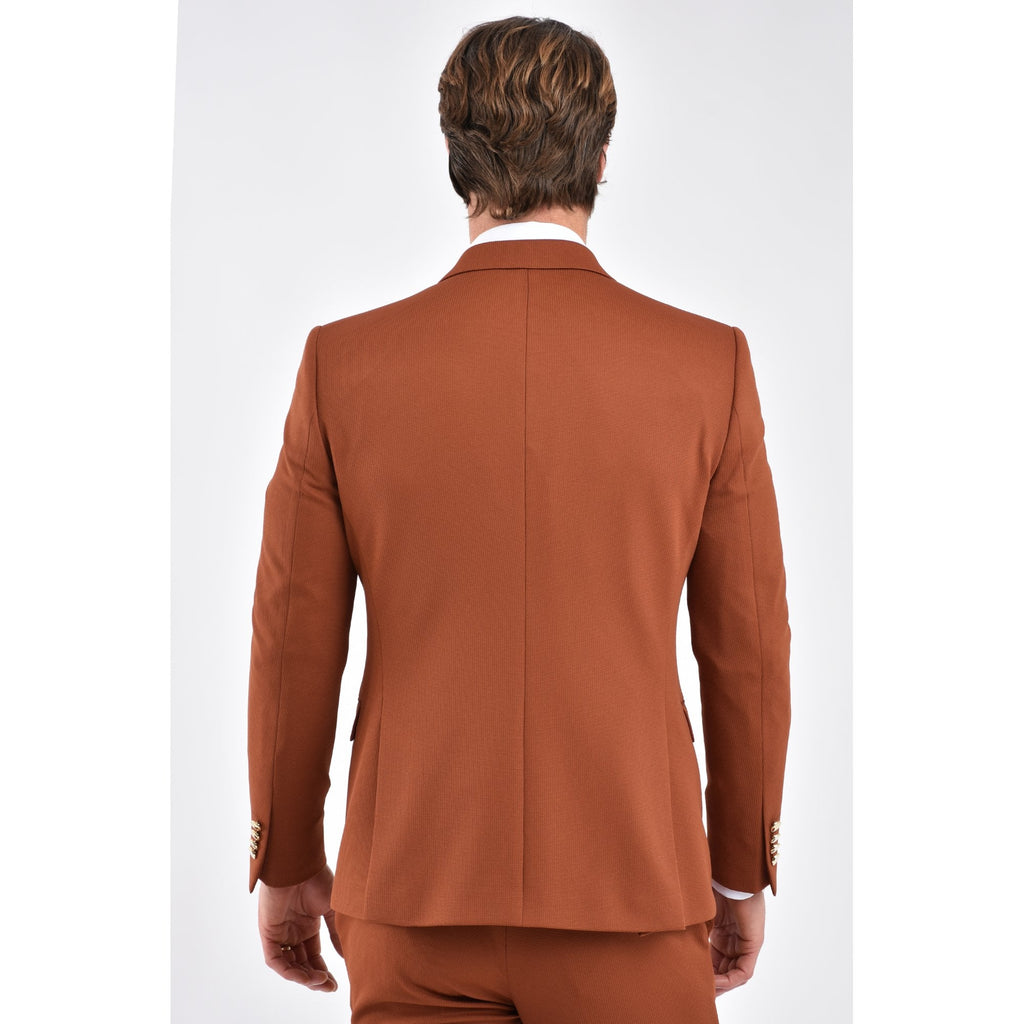 CB Lazio Gold Button Tailored Slim Fit Double Breasted Textured Blazer