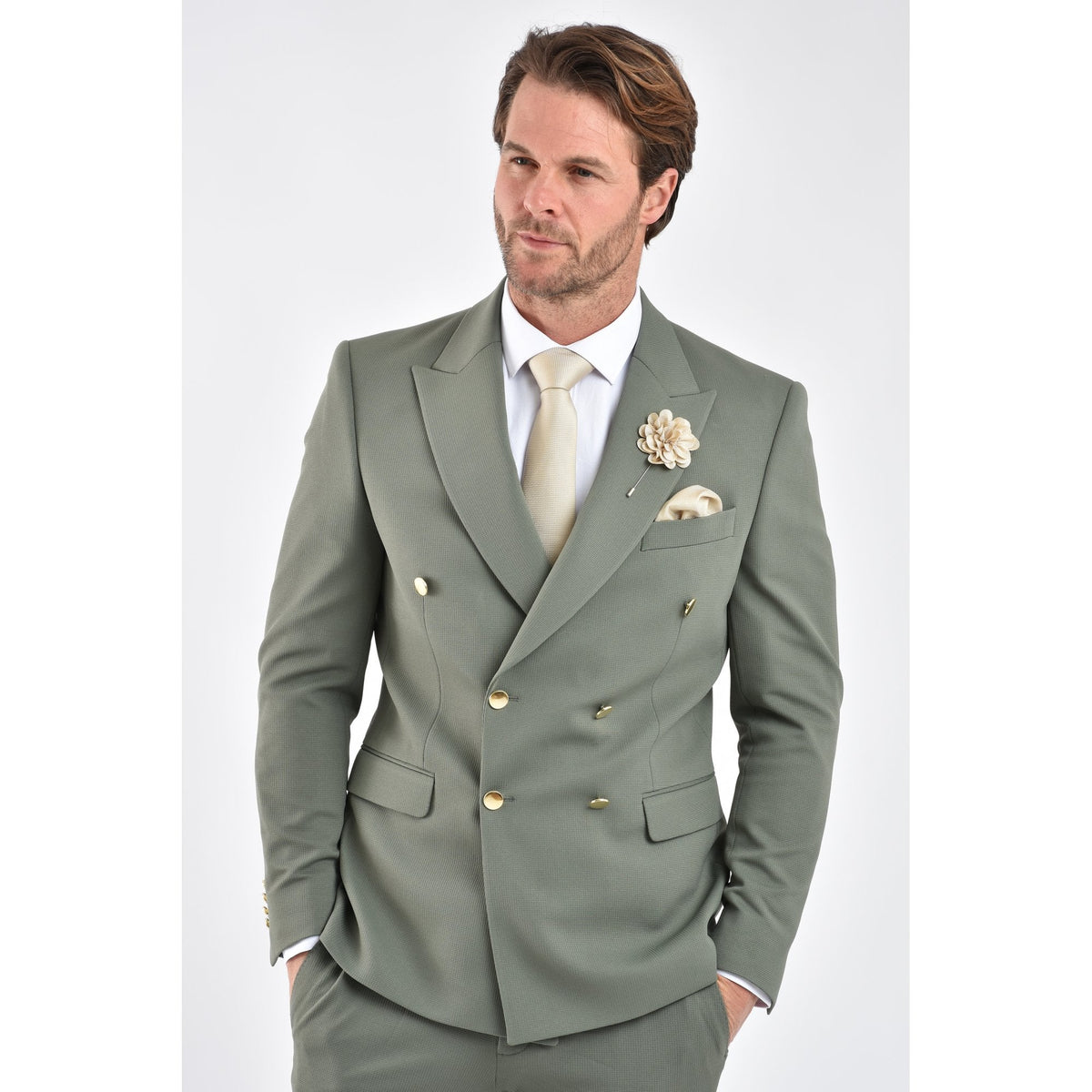 CB Lazio Gold Button Tailored Slim Fit Double Breasted Textured Blazer