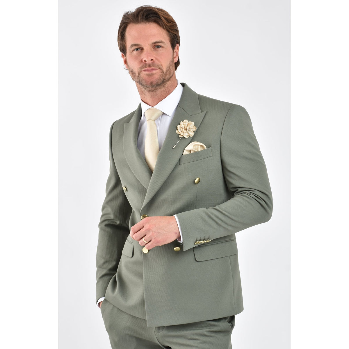 CB Lazio Gold Button Tailored Slim Fit Double Breasted Textured Blazer
