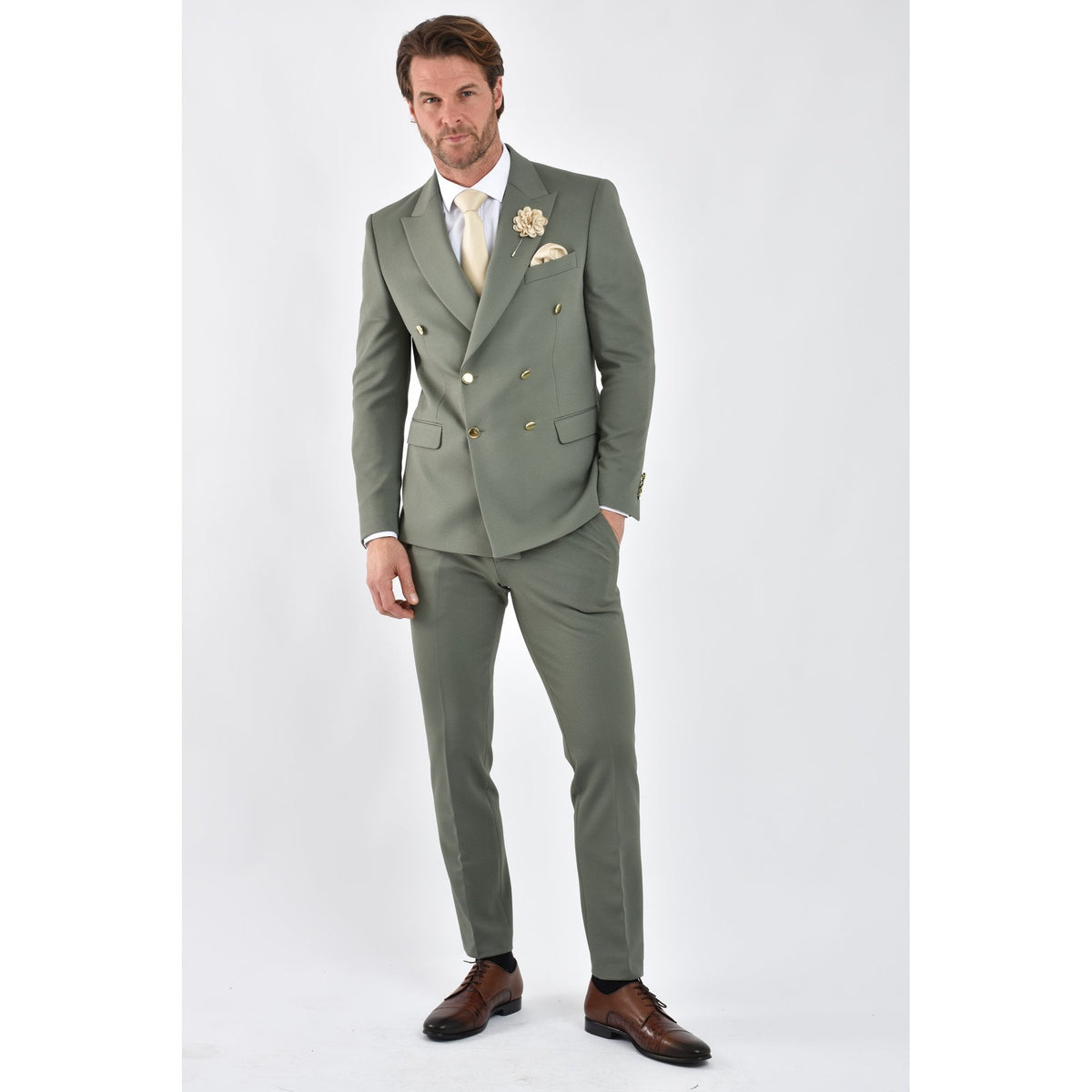 CB Lazio Gold Button Tailored Slim Fit Double Breasted Textured Blazer