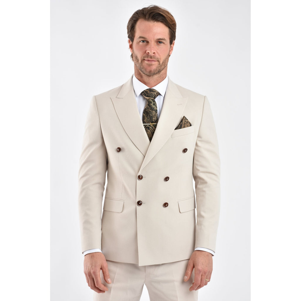 CB Napless Tailored Slim Fit Smooth Textured Double Breasted 2 Piece Suit - Beige