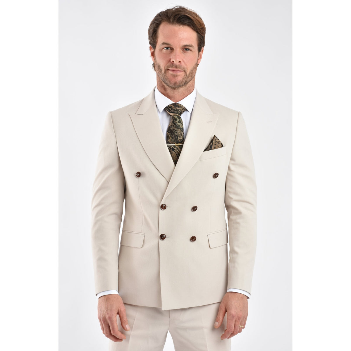 CB Napless Tailored Slim Fit Smooth Textured Double Breasted 2 Piece Suit - Beige