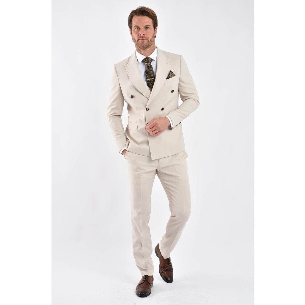 CB Napless Tailored Slim Fit Smooth Textured Double Breasted 2 Piece Suit - Beige