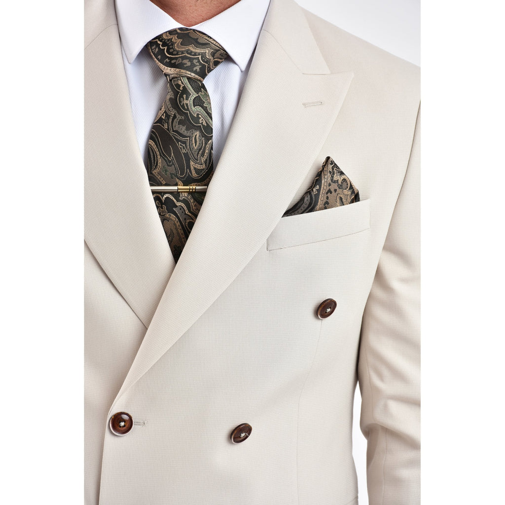 CB Napless Tailored Slim Fit Smooth Textured Double Breasted 2 Piece Suit - Beige